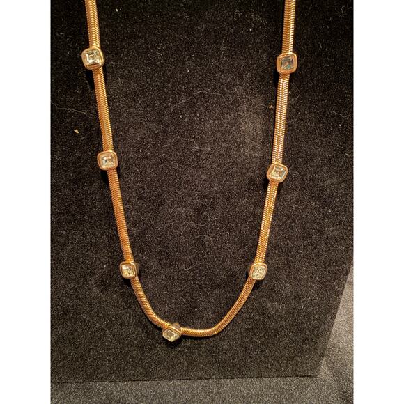Yellow gold tone snake chain necklace featuring square bezel-set crystals 18-21” - Picture 3 of 5